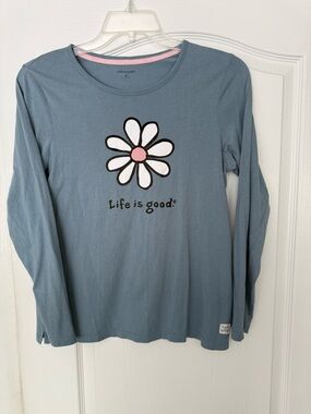 Life Is Good Dusty Blue Long-Sleeve Daisy Tee with Pink Center